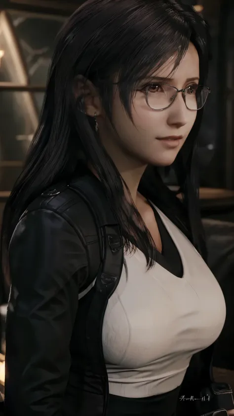 Tifa Lockhart (Final Fantasy 7), 1 woman, 35-year-old,(black bristle), woman wearing glasses, closeup face, profile picture,dresses in a formal and restrained style, a black jacket,white shirt, a professional look,black hair, silver color,