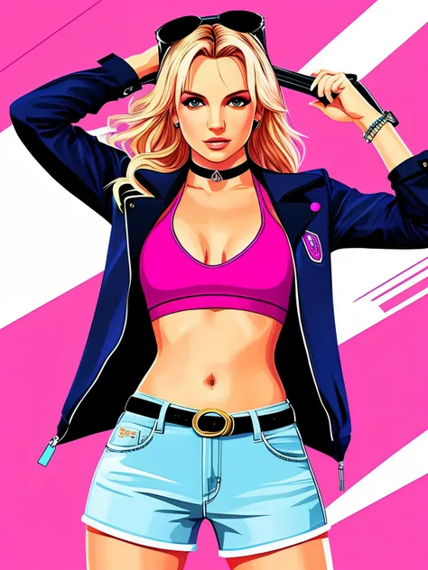 GTA 6 design, Britney Spears, pink outfit, Realistic full color illustration, Award-winning color illustration, (Detalle complicado), (buen detalle)