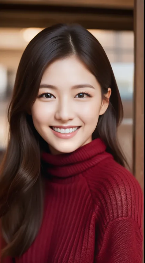 The face of a hostess、turtleneck wool sweater、hiquality、A hyper-realistic、healthy、Smiling expression、Slender perfect figure、Japan Beauty、 perfect  eyes、Beautiful skin、The upper part of the body、Snowy city