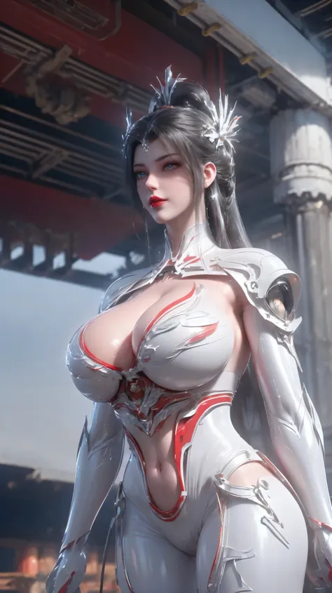 PORTRAIT,UPPER BODY,CLOSE UP HALF BODY,SOLO,(BEAUTY WHITE HAIRSTYLE,MECHA PHOENIX HELMET), (HUGE FAKE BREASTS,CLEAVAGE,MUSCLE ABS:1.5), ((WEARING RED,WHITE SHINY MODERN FUTURISTIC MECHA SKINTIGHT BIKINI:1.5)),(MUSCULAR BODY MATURE WOMAN:1.5), (SWEATY GLOSS...