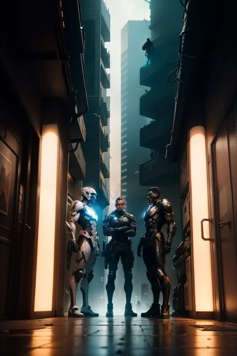 In the heart of a gritty cyberpunk metropolis, a beautiful friendship unfolds between two brown-skinned men and one white-skinned comrade. The trio, all dressed in futuristic attire, stand in the dimly lit confines of their hideout. The ambiance is set wit...