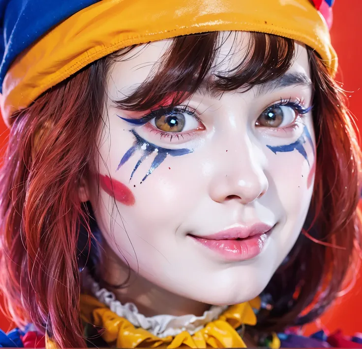 a close up of a beautiful girl with clown makeup and glossy perfect skin, 4k, realistich, high resolution