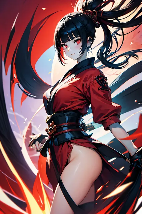 samurai girl, tela roja, pelo negro, long eyelashes, solid circle eyes, sonrisa ligera, rubor de oreja, una cola de caballo alta y larga, ojos rojos, pelo negro, flequillo contundente, yandere, Surrealismo, sombra paralela, anaglyph, fondo rojo, estereogra...