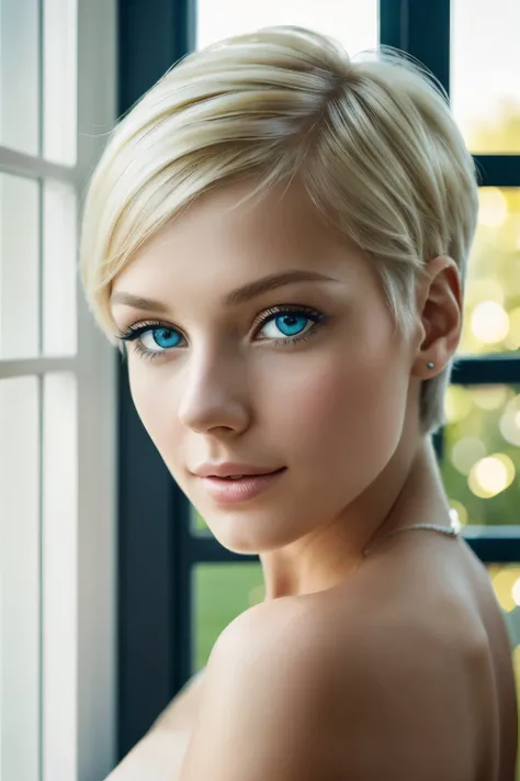 A woman with blonde short hair lies elegantly on a white bed, framed by the soft hues of light gray and light brown, in the style of a serene and beautiful portrait. Her innocent face, adorned with natural makeup, gazes out of the window with a captivating...