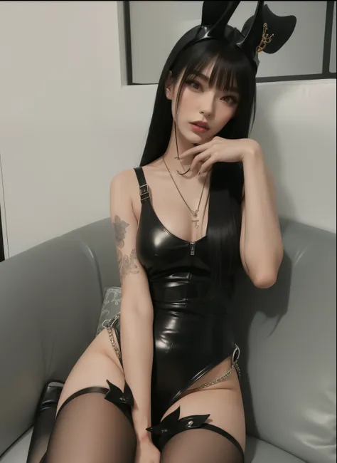 Araffe in a black leather outfit sitting on a sofa, cruel korean goth girl, estilo sexy, with black braids, deusa japonesa, xianxia de corpo inteiro, body fantasia de coelho de couro, succubus in tight short dress, roupas finas de couro preto, look sexy, r...