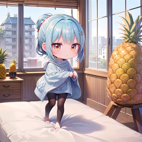 (Chibi, Pineapple, one girl: 1.4), (Masterpiece, almond-shaped eyes, glossy white-blue hair, short chignon hair, top quality, carefully drawn fingertips, beautiful anatomy, side view, full body : 1.4), (Tasteful Colored pencil hand-drawn picture: 1.3), (Re...