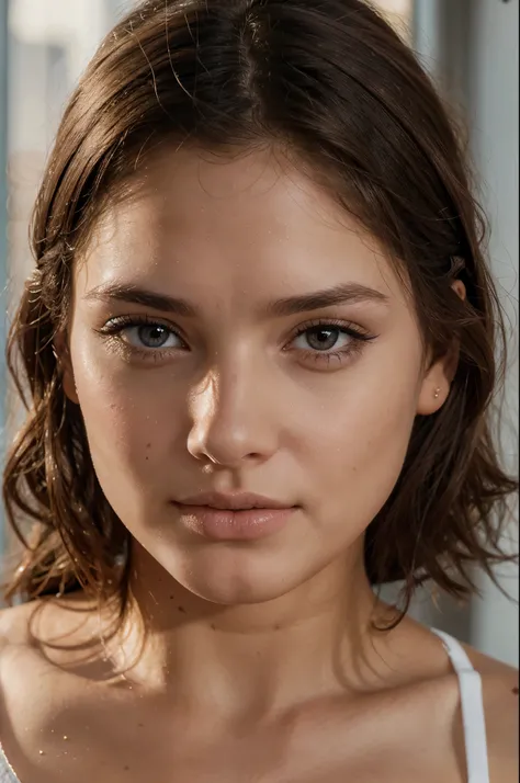 brunette hermosa, piel blanca, ojos marrones claro, foto de la cara, realismo, 4k