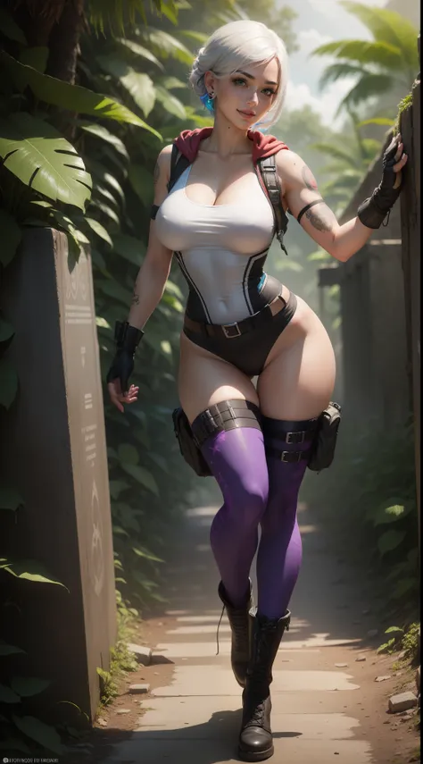 gwen tennyson,yorha 2b,android 18,dva,lara croft,overwatch,tomb raider,close up,mayan jungle ruins,tattoos,purple plugsuit,white short sleeve military leotard,sleeveless military hoodie,cargo leggings,military harness,short hair,punk makeup,green eyes,mult...