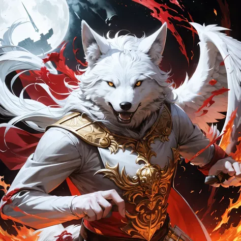 Create an albino wolf with big golden wings, the wolf must be holding a bloody knife, blood must be spreading through his hand and his white fur, the wolf must also have yellow eyes, the lolo has humanoid body, but wolf head, the blood must be totally fict...