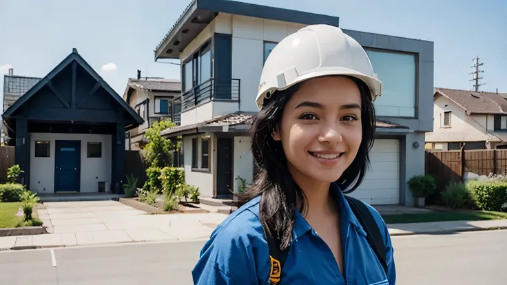 beautiful smiling roofer girl ,black hair, stand up, near a modern architecture house, blue worker suit, white safety helmet, sunny time, wide photo, realistic.