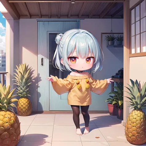 (Chibi, Pineapple, one girl: 1.4), (Masterpiece, almond-shaped eyes, glossy white-blue hair, short chignon hair, top quality, carefully drawn fingertips, beautiful anatomy, side view, full body : 1.4), (Red cheeks, indifference, no expression, hair blowing...