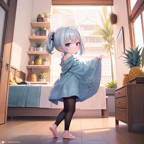 (Chibi, Pineapple, one girl: 1.4), (Masterpiece, almond-shaped eyes, glossy white-blue hair, short chignon hair, top quality, carefully drawn fingertips, beautiful anatomy, side view, full body : 1.4), (Red cheeks, indifference, no expression, hair blowing...