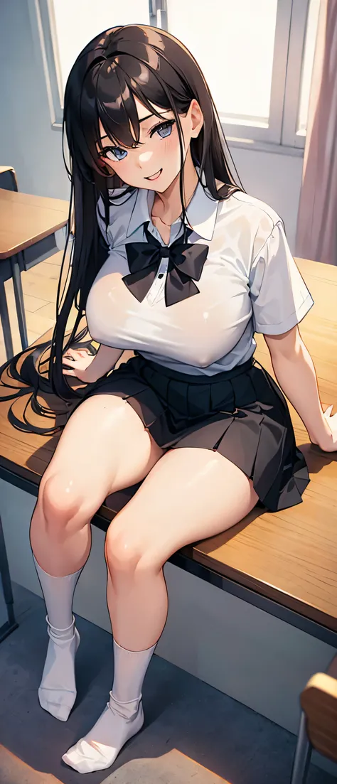 ( Beatiful sexy white socks ) ,  school shirt  , big breasts , NSFW , tall legs , smile , ( milf ) , HD , detailed eyes  dark long hair , ( High waisted black skirt ),  18-years old , wide angle , classroom , tall body