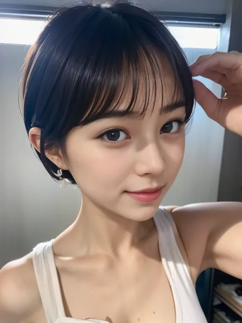 Best quality, masterpiece, ultra high res,raw photo, Perfect, softlight, 20 years old woman, japanaese famous idol:1.25 ,Beautuful Women ,a small face, smile, cute, cute face, realistic face, Short hair, skinny body ,Sweat , Bust B Cup ,wet, bare shoulders...