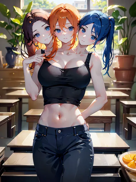 (masterpiece, best quality), best resolution, (3heads:1.5), 1girl, orange hair, different hair styles, blue eyes, curious, fascinated, happy, looking around, hands behind back, black tank top, blue long pants, art museum, close up