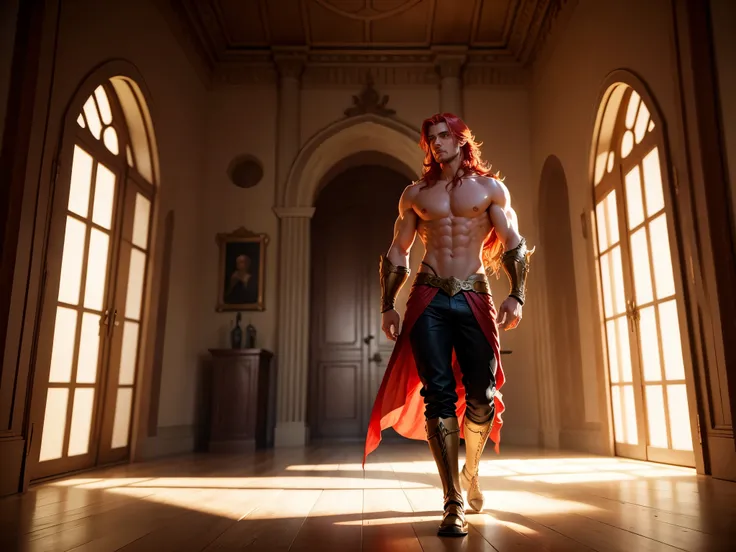 Hot men half naked in a castle chamber, he is beautiful, he red hair and huge wings, full body, cinematic 