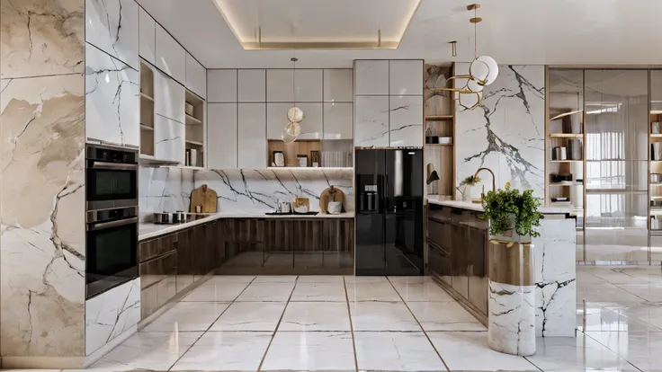 a view of a kitchen with a marble floor and a marble counter top, modern style, elegant render, glossy surface, realistic 3 d st...