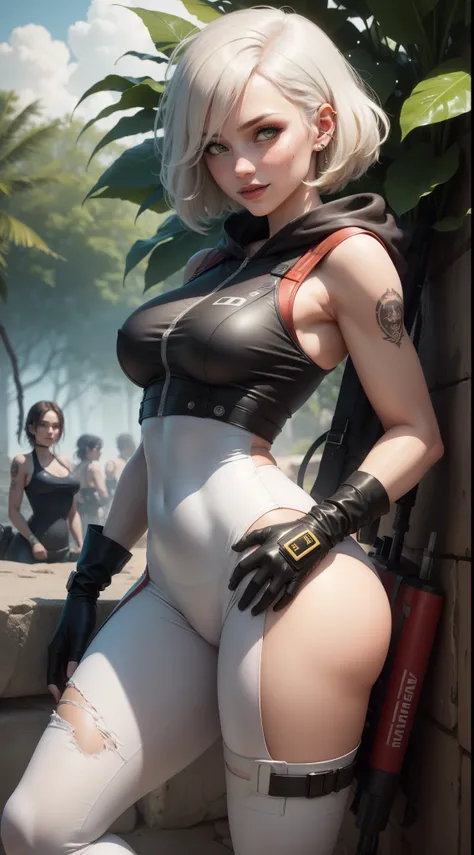 gwen tennyson,yorha 2b,android 18,dva,lara croft,overwatch,tomb raider,close up,mayan jungle ruins,tattoos,orange and white plugsuit,white short sleeve military leotard,sleeveless military hoodie,cargo leggings,military harness,short hair,punk makeup,green...