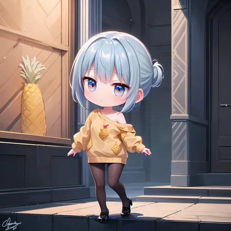 (Chibi, Pineapple, one girl: 1.5), (Masterpiece, almond-shaped eyes, glossy white-blue hair, short chignon hair, top quality, carefully drawn fingertips, beautiful anatomy, side view, full body : 1.4), (Red cheeks, indifference, no expression, hair blowing...