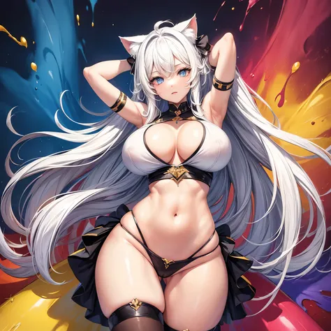 (Masterpiece), ((best quality)), 1girl, ((colorful paint splash background)), long hair, white hair, cat ears, blue eyes, arms up, ((big breasts)), ((wide hips))
