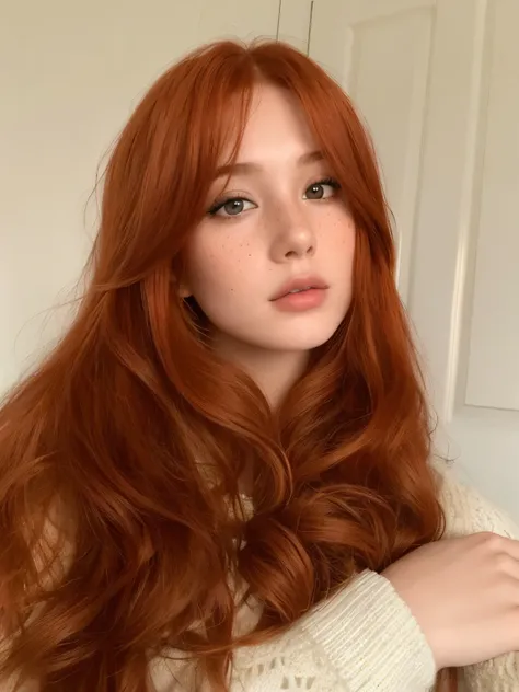 Arafed Mujer con cabello rojo y ojos azules posando para una foto, flowing pelirrojo, hada ellie bamber, long pelirrojo, pelo rojo largo y brillante, pelo ondulado de jengibre, pelo rojo y rasgos atractivos, ella tiene el pelo largo y renaranjado, pelirroj...