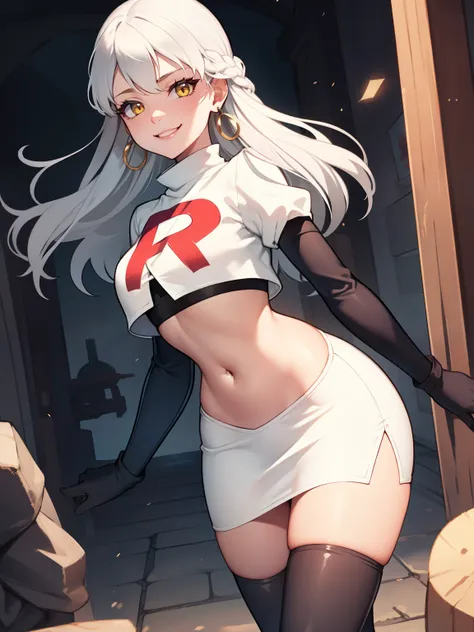 micaiah fe, silver hair, yellow eyes ,earrings, glossy lips ,team rocket uniform, red letter r, white skirt,white crop top,black...