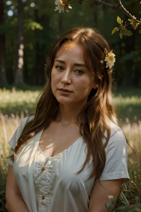 ((Jennifer Ehle)), 30 years old. From Golden Skin, long light brown hair, wavy at the height of the back, western eyes, honey colored, fluffy turned, ((big cheeks)), sunbathing, showing its beauties, in a flower meadow, among grasses (backlit), realistic, ...