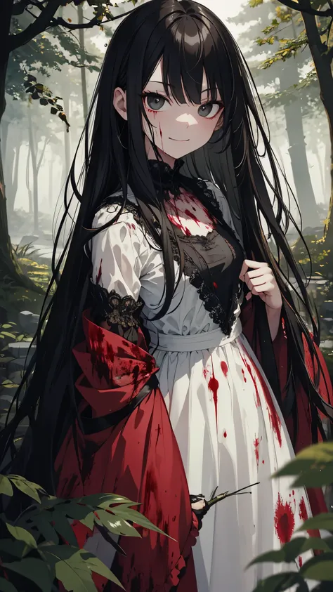 [[[ ultra-detailed, best quality, soft skin, beautiful, 4K]]], portrait, black eyes, black hair, straight hair, princess, princess clothes, blood soaked clothes, green forest background, evil, sinister, smirking, scheming, hardened expression, blood, fit b...