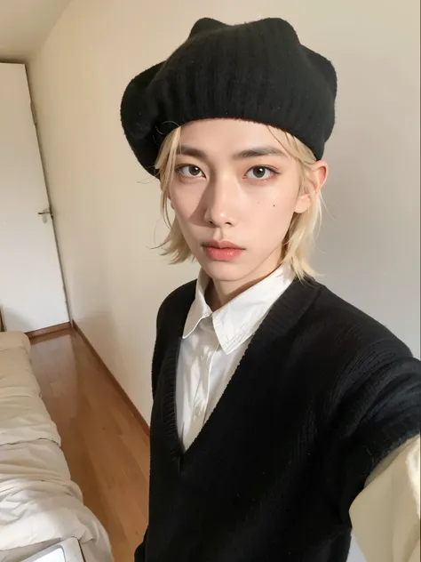 there is a man wearing a hat and sweater, kim doyoung, TaeJune Kim, androgynous, Jinyoung Shin, androgynous person, cai xukun, Con pelo corto, delicate androgynous prince, jaeyeon nam, seson yoon, beautiful androgynous girl, retrato de una mujer como reol,...