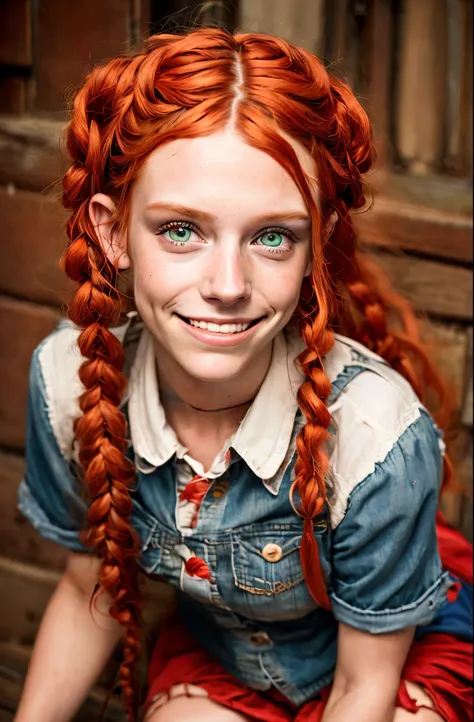 Ultra real photo of 18 years old Pippi Longstocking, mischievous eyes, long red messy and braided hair, sexy, sloppy look, short skirt, in dinamic, smiling, vivid colors, intricate details of her beautiful eyes and perfect face.