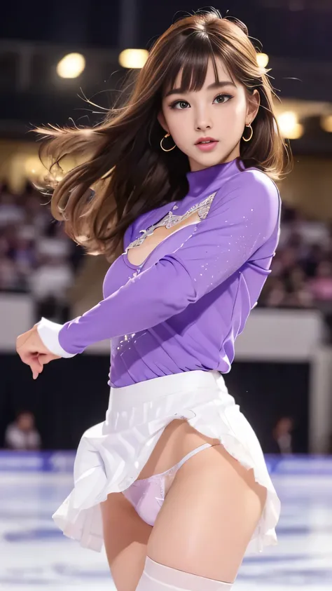 1 female、(super beautiful)、(beautiful face:1.6)、(detailed face:1.5)、(fine eyes:1.1)、(detailed lips:1.1)、(detailed nose:1.1)、(brown hair)、(Doing figure skating)、(she&#39;He&#39;s the only one skating at the rink.:1.2)、(anatomically correct movements:1.3)、(P...