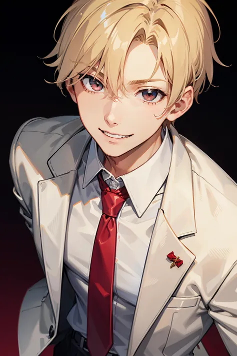 1man, short blonde hair, white collared shirt,grey jacket, red tie, adult, grin, blood, eyebags