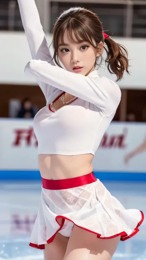 1 female、(super beautiful)、(beautiful face:1.6)、(detailed face:1.5)、(fine eyes:1.1)、(detailed lips:1.1)、(detailed nose:1.1)、(brown hair)、(Doing figure skating)、(she&#39;He&#39;s the only one skating at the rink.:1.2)、(anatomically correct movements:1.3)、(r...