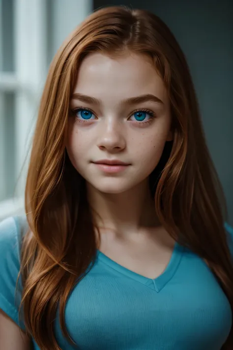 (body postrait:1.4), UHD, Masterpiece, textured skin, super detailed, high quality, award wining, best quality cinematic lighting, sadie sink, freckle, actress, strangers things, sexy girl, bedroom, red hair, (blue-eyed girl), highly detailed glossy eyes, ...