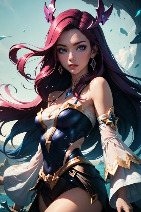 miss fortune (league of legends), 1girl, wearing star guardian clothing, extra long hair, strap slip, bare shoulders, detached s...