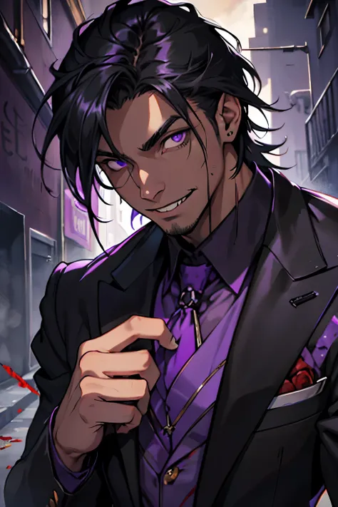 black young man, meesy hair, purple clothes, purple shining eyes, sadistic face, blood, creepy smile, lindo, black hair, dark atmosphere,BLOOD, BLOOD, SO MUCH BLOOD, purple suit, river blood, skulls, creepy, black hair, negro, strong