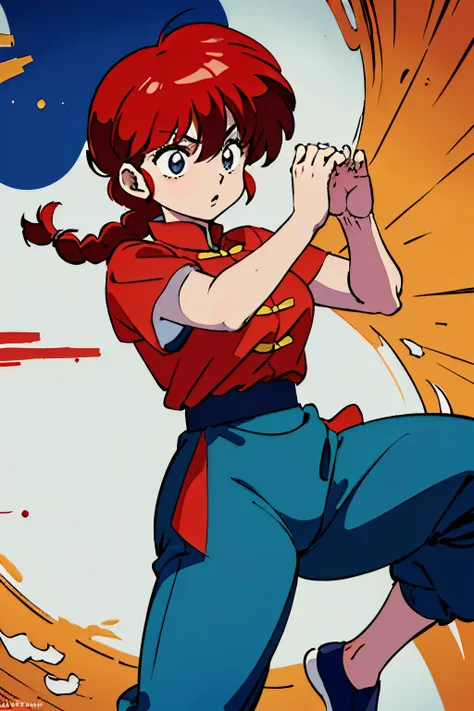 (8k, foto raw, la mejor calidad, obra maestra:1.2), ranma chan, ranma red shirt, red hair, braided belt, blue pants, martial art