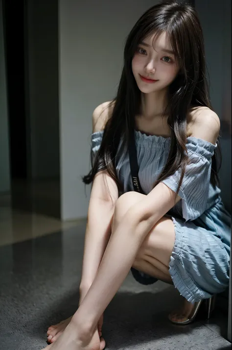 High resolution, highest quality, perfect dynamic composition, beautiful and fine eyes, off shoulder、shining hair、medium hair, natural color lip, university student、Harajuku、slight smile、Crouched figure、M-shaped legs
