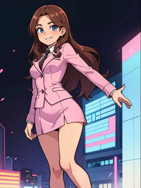 ((masterpiece)), ((best quality)), ((highres)), 1girl, solo, reporter, bare legs, looking at viewer, light particles, city backdrop, perfect hands, perfect eyes, perfect legs, perfect arms, perfect fingers, medium breasts, standing, brown hair, long hair, ...