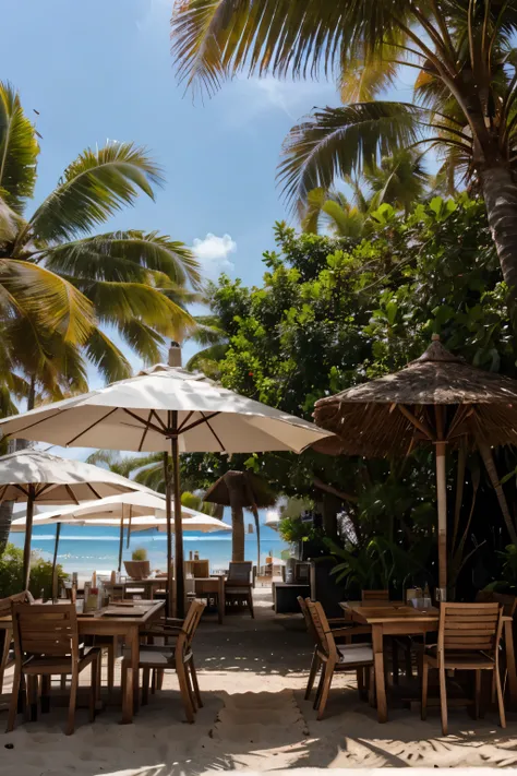 A scene themed around a tropical beach holiday in Sommer. Umgeben von Palmen und Kokospalmen, Beach with many tables and chairs under the canopy, Strandbar, Strand-Umgebung, pleasant pleasant atmosphere, Nah am Strand, Wunderbares Meisterwerk, pleasant atm...