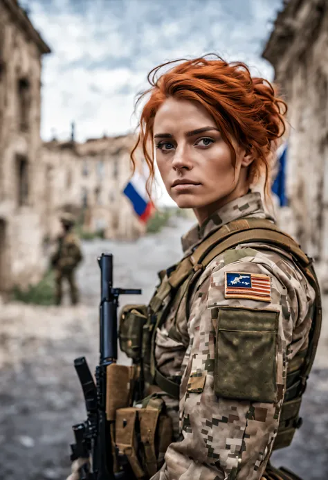 Cinematic battlefield in a ruined city, an ultra-detailed hyper-realistic photograph of&#39;a beautiful 20 year old French female soldier, wavy red hair, camouflaged, Multicam, French flag on the&#39;uniforme