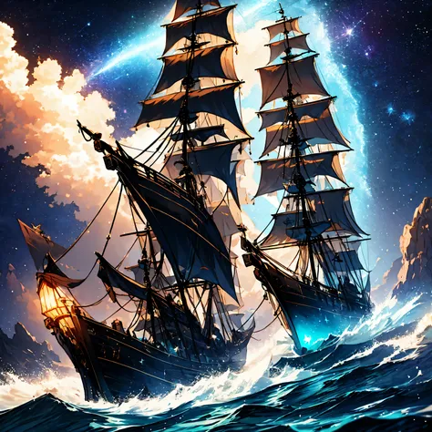 (Pirate ship sailing in a sea of bioluminescence with a galaxy in the sky), epic, 4k, ultra.