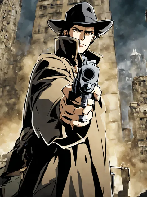 1boy, mature male, aiming, black_coat, black_hair, building, city, coat, facial_hair, gun, handgun, hat, holding, holding_gun, h...