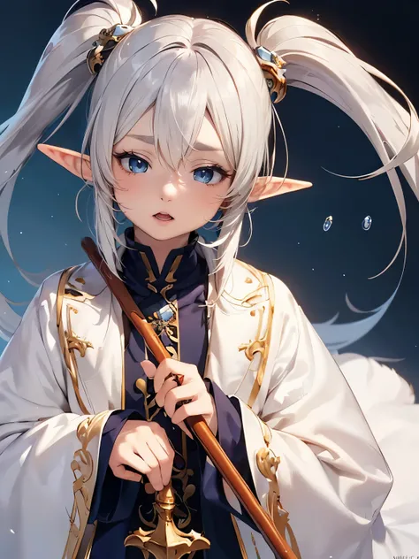 stylized manga character, adult wizard elf, , (white colored eyebrows are very short, drooping eyes, realistic skin, sleepy)), ((long and very thick twin-tail silver hair)), wizards cane, buttoned white simple long coat has yellow-trim, ((thin body)),