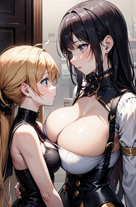 (2girls:1.5), (cleavage: 1.1),(girls bedroom: 1.1), (height difference: 1.7), (size difference: 1.4), (yuri: 1.3), (giant girl towering over a shorter girl: 1.1), (giant girl with much bigger breasts than a flatchested girl: 1.3), (a tall giant girl doing ...