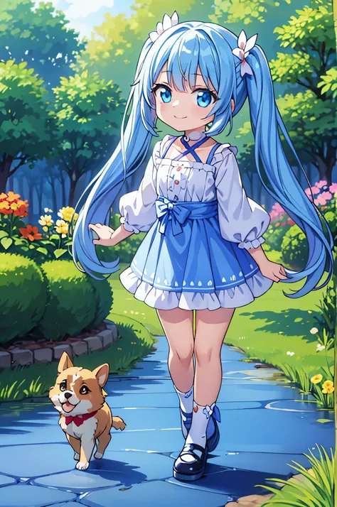 a flower garden bathed in sunlight　light blue long hair　girl with twin tails　with my two dogs　a really fun walk　adorable smile