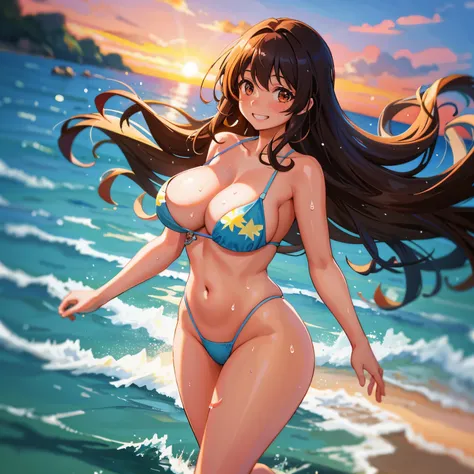 A lively, animated naked woman on a beautiful beach

Best quality, sunset background, Brightly lit, 1 woman, The womans curvy figure was painted with sunlight, Her long, curly brown hair was wet from the waters edge, A playful grin on her face, No props or...