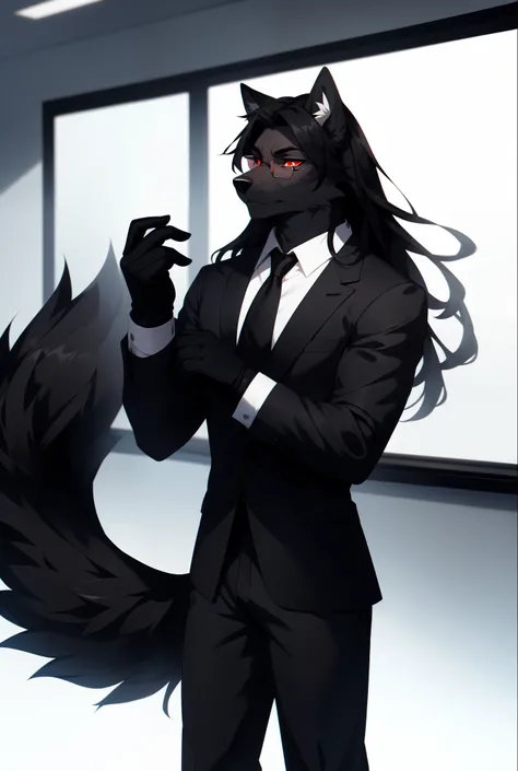 By fumiko, by hyattlen, by hioshiru, Natasha, dark grey wolf, male, tall and slender, red eyes, white sclera, long straightened black hair, long hair, black wolf tail, black wolf ears, white ear fluff, wearing elegant glasses, black suit, white button up s...