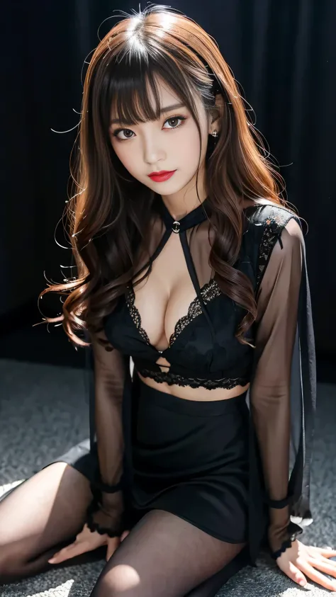 Super detailed、Japanese、charming beauty、Dainty woman、sharp eyes、cool girl、wavy hair、suit、Black chiffon dress、lacy fabric、wide sleeve、Jacket、white blouse、flare skirt、pantyhose、Shiny legs、evilの幹部、evil depravity、brainwashing、Mind control、lipstick、have lip glo...