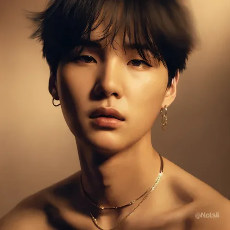 um close up de uma pessoa com um colar e um colar, Yoongi de cabelo preto, androgynous prince, nariz pontudo e boca delineada, inspired por min yoon, suga, min yoongi, inspirado em Yanjun Cheng, cai xukun, dez lee, kpop idol portrait, Yanjun Chengt, chave ...